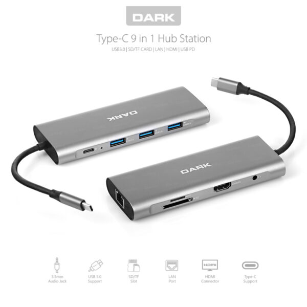 DARK USB 3.1 Type C 9 in 1 RJ45, HDMI, TF SD, USB 3.0, Kulaklık HUB - Görsel 6