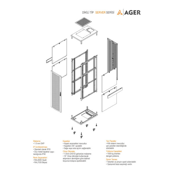 AGER Server Serisi 42U W=800mm D=1200mm 19''%70 Perfore Kapak Dikili Tip Kabinet