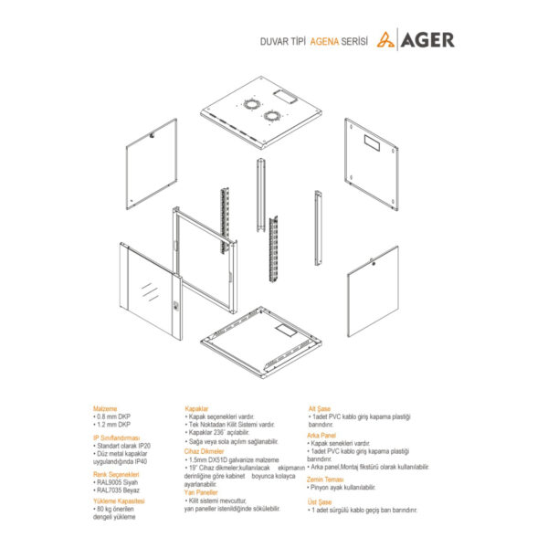 AGER Agena 9U W=600mm D=600mm 19'' Duvar Tipi Kabinet - Görsel 2