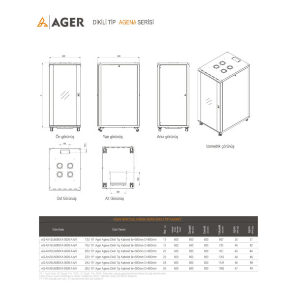 AGER Agena  20U W=600mm D=800mm 19''  Dikili Tip Kabinet