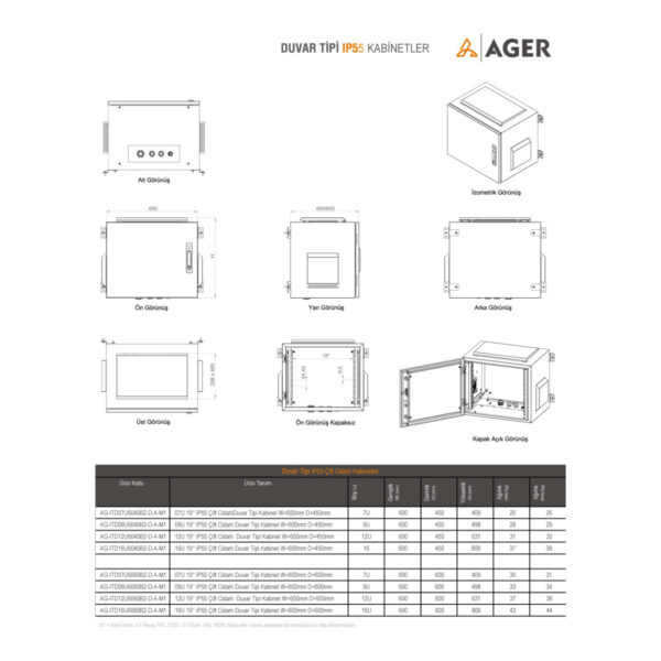 AGER Çift Cidar 20U W=600mm D=450mm 19'' IP55 Outdoor Duvar Tipi Kabinet