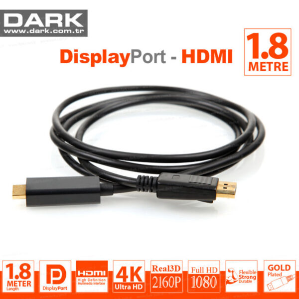 DARK 1.8M DisplayPort - HDMI Kablo (Altın Uçlu 2160P) - Görsel 3