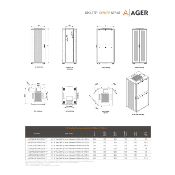 AGER Server Serisi 42U W=800mm D=1200mm 19''%70 Perfore Kapak Dikili Tip Kabinet - Görsel 2