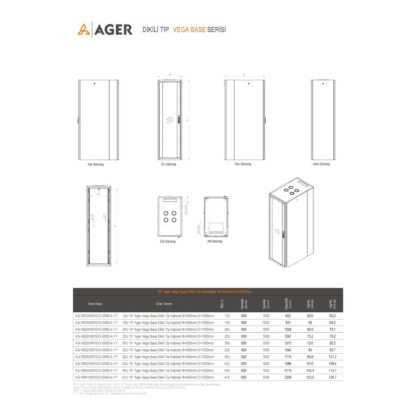 AGER Vega Base 26U W=600mm D=1000mm 19''  Dikili Tip Kabinet - Görsel 3