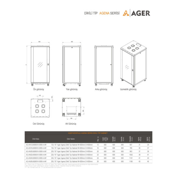 AGER Agena 26U W=600mm D=600mm 19''  Dikili Tip Kabinet - Görsel 2