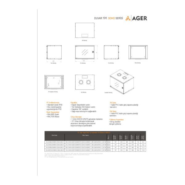 AGER Demonte 9U W=510mm D=400mm 19'' Soho Duvar Tipi Kabinet - Görsel 2