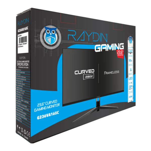 23.6" RAYDIN Curved  1ms 165Hz, Full HD, HDMI, DP, USB, Hoparlör, VAR1800