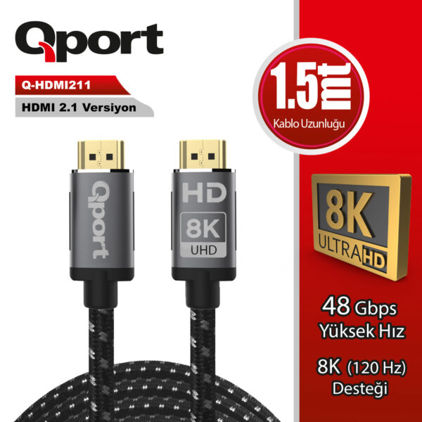 QPORT 1.5M HDMI 2.1V 8K ALTIN UÇLU ÖRGÜLÜ KABLO (Q-HDMI211)