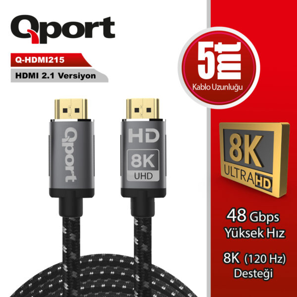 QPORT 5M HDMI 2.1V 8K ALTIN UÇLU ÖRGÜLÜ KABLO (Q-HDMI215)