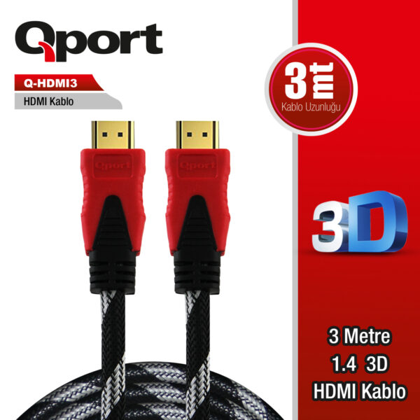 QPORT 3M ALTIN UÇLU HDMI KABLO 1.4V (Q-HDMI3) - Görsel 2