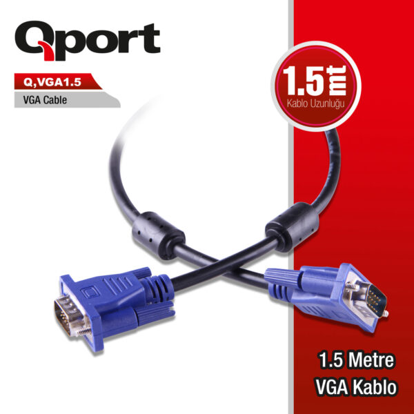 QPORT 1.5M 15PİN FİTRELİ VGA KABLO (Q-VGA1.5) - Görsel 2