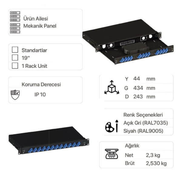 EratSlide 1U 19” 12 Port SC Duplex Rack Tipi Patch Panel, Boş