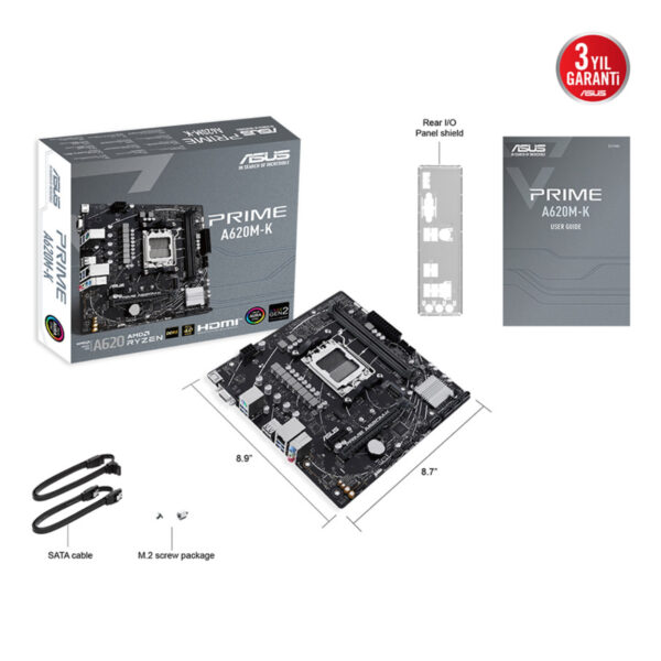 ASUS PRIME A620M-K AMD A620 AM5 DDR5 6400 HDMI VGA M2 USB3.2 AURA RGB mATX 96GB - Görsel 2