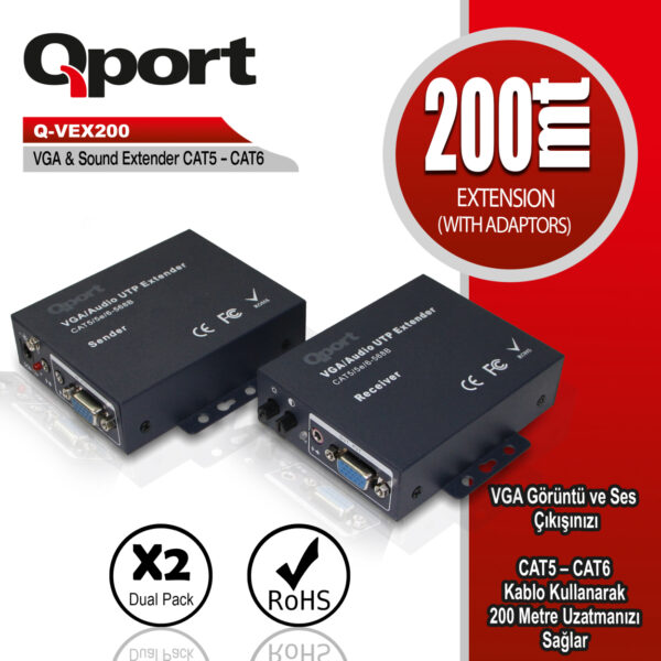 QPORT VGA EXTENDER CAT6 200M 2 Lİ PAKET (ADAPTÖR  DAHİL) (Q-VEX200)