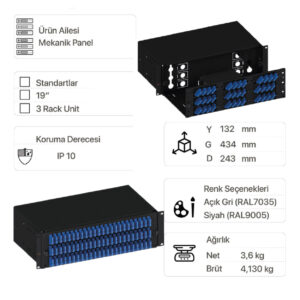 EratSlide 3U 19” 72 Port SC Duplex Rack Tipi Patch Panel, Boş
