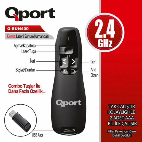 QPORT Q-SUN400 2.4GHZ USB KIRMIZI LAZERLİ SUNUM KUMANDASI - PRESENTER - Görsel 2
