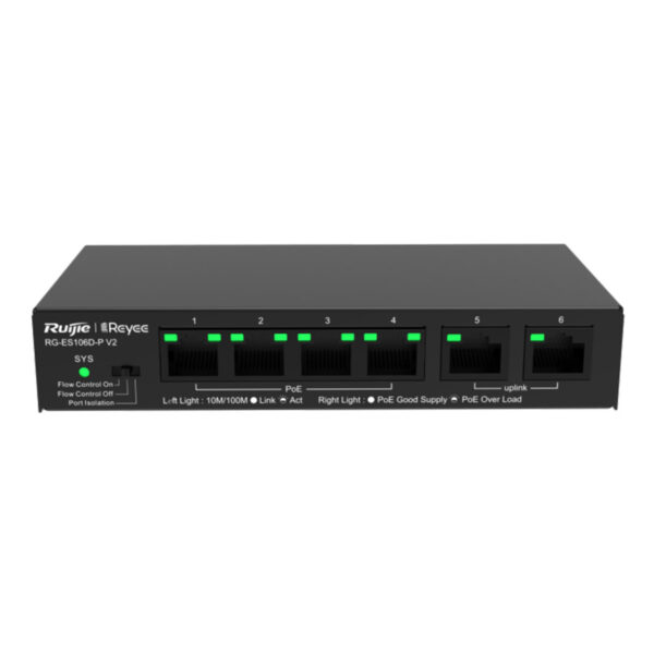 RUIJIE REYEE RG-ES106D-P 4FE Port 54W Poe, 2xFE Uplink Switch