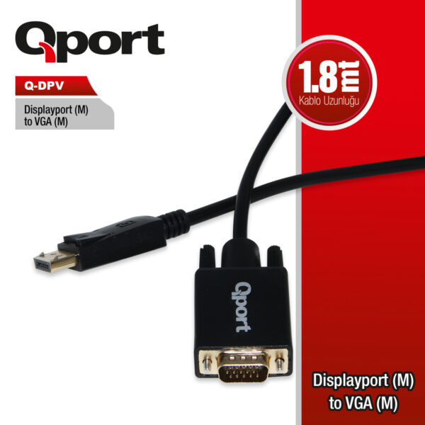 QPORT 1.8M DISPLAY TO VGA ÇEVİRİCİ KABLO (Q-DPV) - Görsel 2