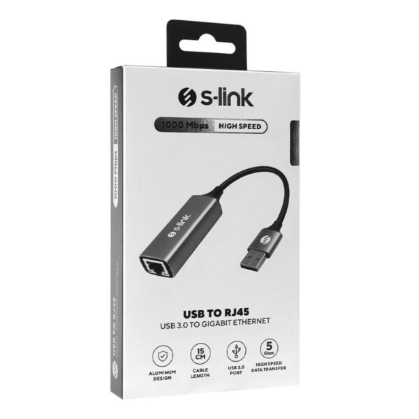 S-link SW-U334 Gri Metal USB 3.0 to RJ45 10/100/1000Mbps Gigabit Adaptör - Görsel 2