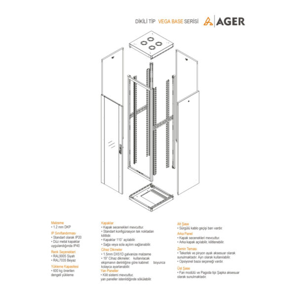 AGER Vega Base 32U W=800mm D=1000mm 19''  Dikili Tip Kabinet - Görsel 3