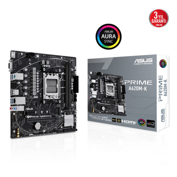 ASUS PRIME A620M-K AMD A620 AM5 DDR5 6400 HDMI VGA M2 USB3.2 AURA RGB mATX 96GB - Görsel 6