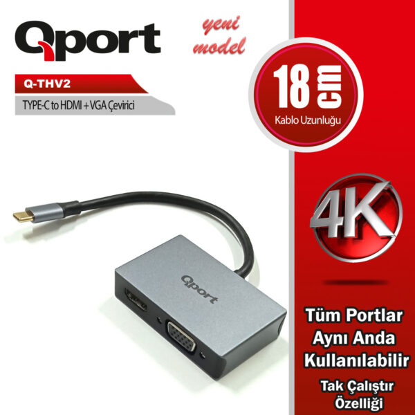 QPORT TYPEC TO HDMI + VGA ÇEVİRİCİ (Q-THV2)