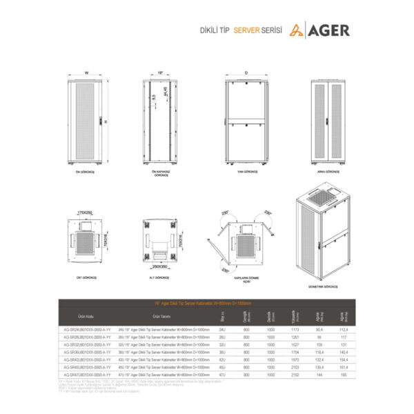 AGER Server Serisi 45U W=800mm D=1000mm 19''  Dikili Tip Kabinet - Görsel 4
