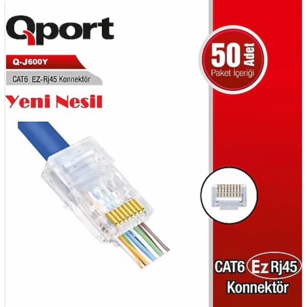 QPORT CAT6 (50Lİ PAKET) EZ-RJ45 YENİ NESİL KONNEKTÖR (Q-J600Y)